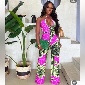 NWT Uptown Gal Vibrant Pink and Green Halter Jumpsuit